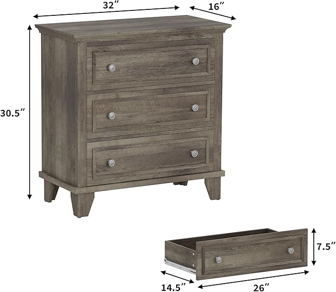GarveeHome Grey 3 Drawer Dresser for Bedroom, Wide Chest of Drawers with Vintage Handle, Wood Dresser Wide Nightstand for Living Room