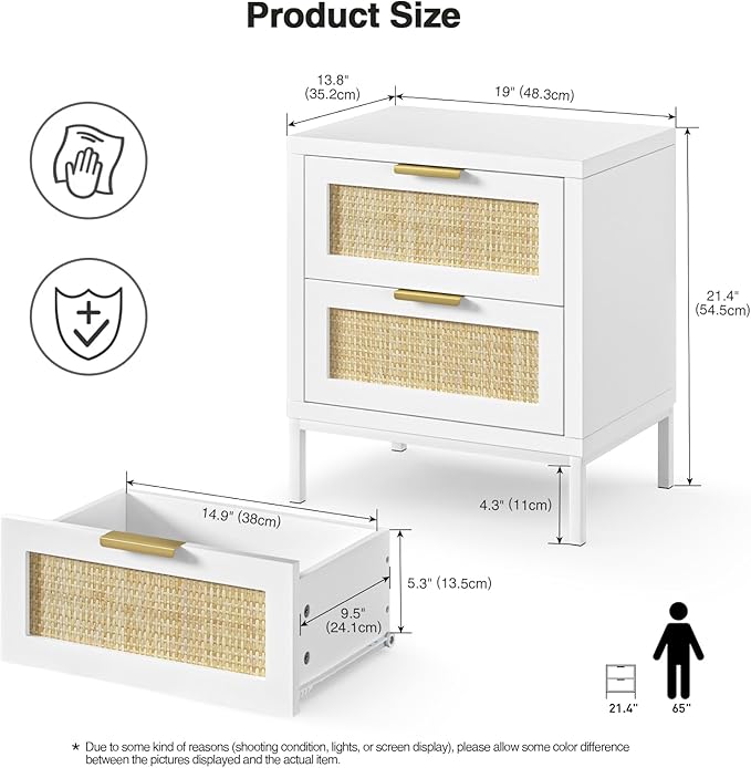 Giluta White nightstands Set of 2, Farmhouse Rattan Night Stand with 2 Drawers, 2 Rattan Drawers, Boho Bedside Table End Table for Small Space, Bedroom