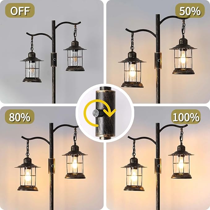 Industrial,Vintage Dimmable Floor Lamp,2 Classical Lanterns Standing Lamp, Rustic Farmhouse Floor Lamp with Bronze Gold Finish, for Living Room Bedroom (Bronze-B-Style)