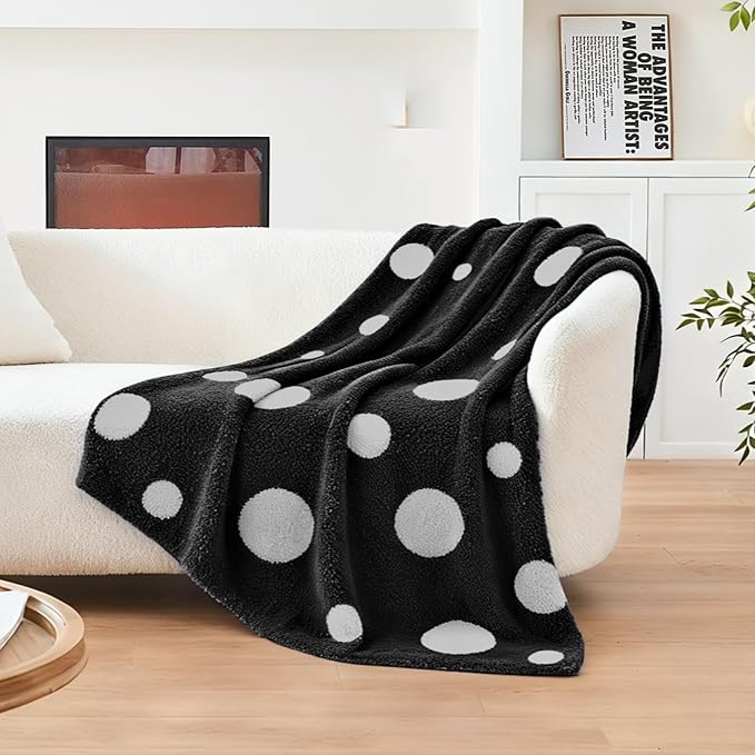 CozeCube Super Soft Fullfy Microfiber Reversible Knitted Blankets, Warm Cozy Fuzzy Plush Throw, Black and White Polka Dot Throw Blanket for Couch Bed Sofa, 50" x 60"