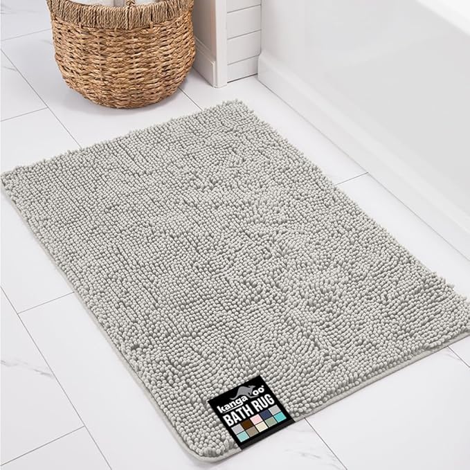 KANGAROO Bathroom Rugs, Chenille Soft Absorbent Bath Rug, Shaggy Shower Mat, Quick Dry Machine Wash Bathmat, Plush Carpet Mats for Tub, Bathtub and Room Home Decor Accessories, 42x24, Light Gray