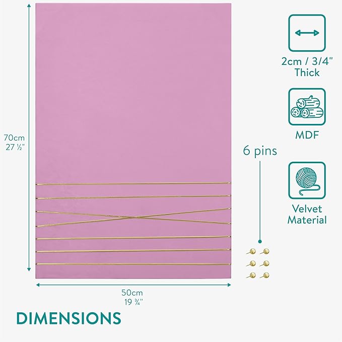 Navaris Fabric Memo Bulletin Board - 20" x 28" Velvet Memory Board for Wall to Display Photo Collages, Pictures, Notes - Includes 6 Push Pins - Lavender