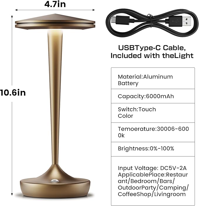 2 Pack Cordless Lamp Rechargeable LED Table Light,48Hrs Battery Operated Restaurant Table Lamp, Dimmable Potable Lamp with IP54 Waterproof for Dining,Outdoor Patio,Camping,Shower(2PBronze)
