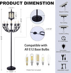 Wellmet Vintage Black Floor Lamp, 5-Light Farmhouse Modern Floor Lamp, for Living Room, Entryway, Hallway, Bedroom, Reading Room, (E12 Bulb Base)