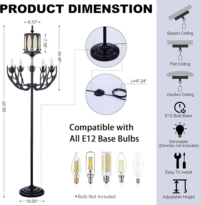 Wellmet Vintage Black Floor Lamp, 5-Light Farmhouse Modern Floor Lamp, for Living Room, Entryway, Hallway, Bedroom, Reading Room, (E12 Bulb Base)