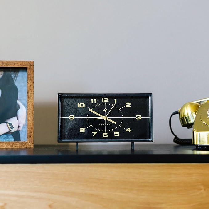 NEWGATE® Wideboy Alarm Clock | Rectangular Retro Design | Black | Mid Century dial | Ideal for Bedside, Desk, Mantel or Shelf | Retro Bedroom & Office Accessory
