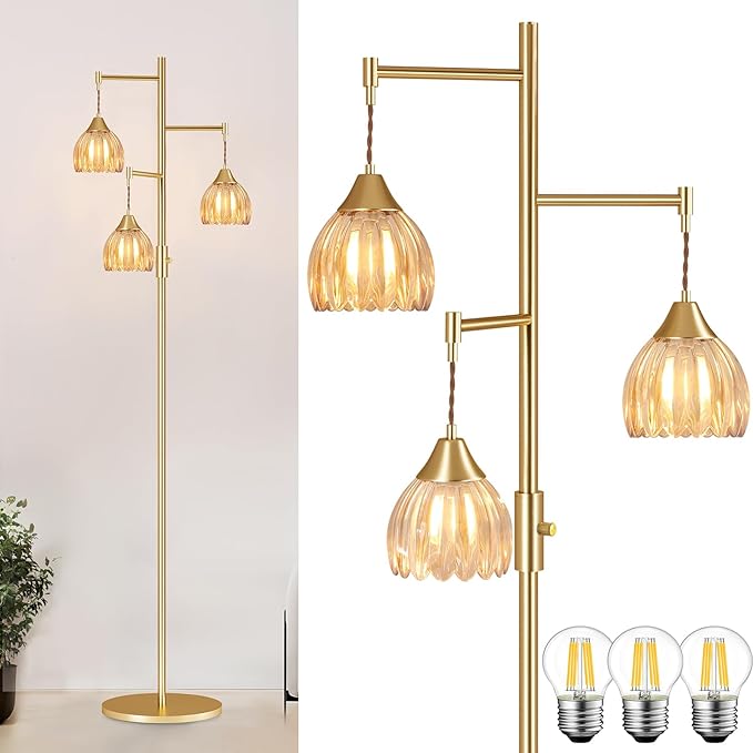 Dimmable Floor Lamp for Living Room, Bedroom, Gold Standing Lamp with 3pcs 6W Bulbs, Vintage Brass Floor Lamps for Corner, Nursery (Amber Tulip)