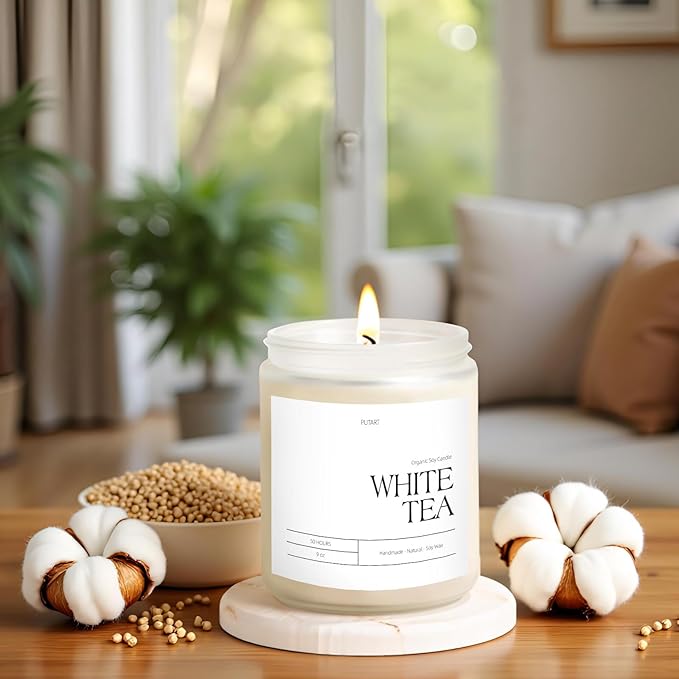 White Tea Candles for Home Scented, Natural Soy Wax Aromatherapy Non Toxic Scented Candle, Handmade Highly Scented & Long Lasting Jar Candle for Stress Relief, Relaxation, Holiday Gifts (9oz)