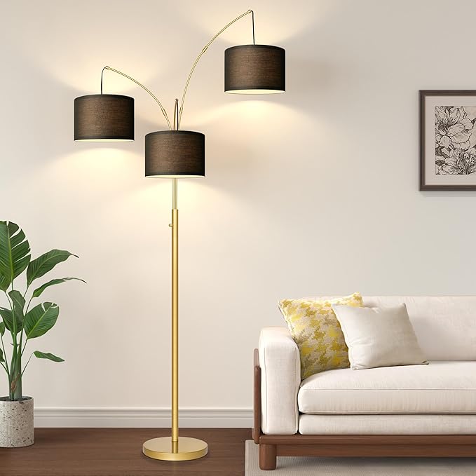 Nintiue Dimmable Floor Lamp - 3 Lights Gold Floor Lamps for Living Room with Black Shades & Heavy Base, Mid Century Tree Floor Lamp for Bedroom Office, 3 LED Bulbs Included