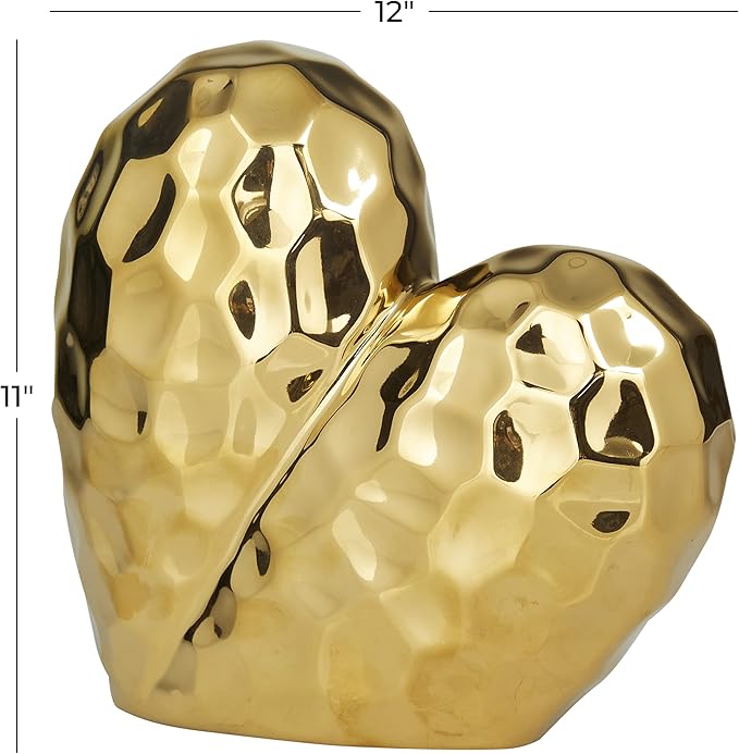 Deco 79 Porcelain Ceramic Heart Decorative Sculpture Dimensional Angled Origami Inspired Home Decor Statue, Accent Figurine 12" x 6" x 11", Gold