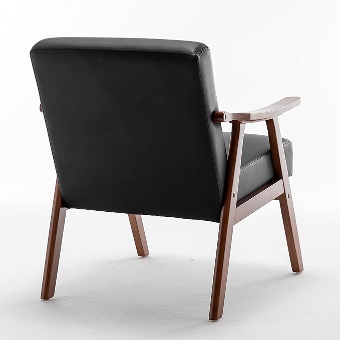 Accent Chair with Microfiber Upholstery and Solid Wood Frame, Classic Mid-Century Modern Living Room Furniture for Extra Seating, Black PU/PVC