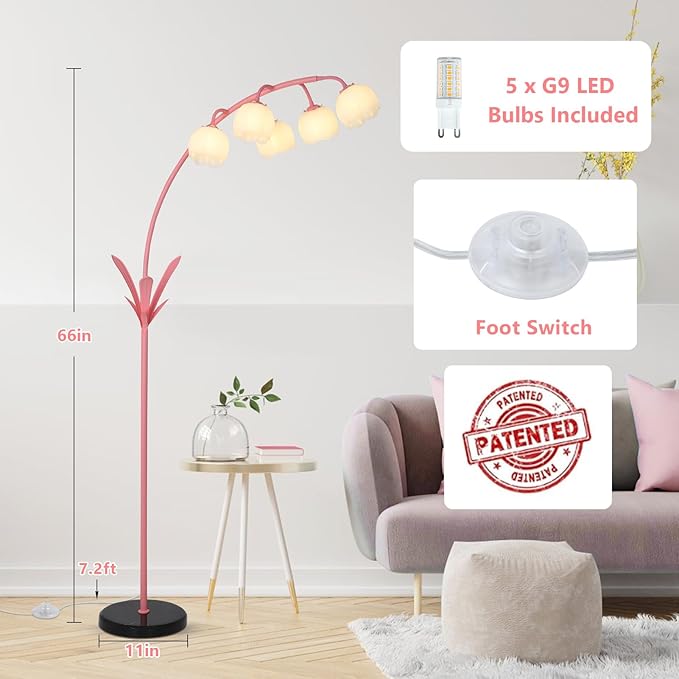 HMVPL Pink Flower Floor Lamp for Living Room, Floral Arched Floor Lamp with 5 G9 LED Bulbs, Foot Switch, Curved Standing Lamp with Acrylic Shade, Cute Tall Lamp for Living Room Bedroom Girls Nursery