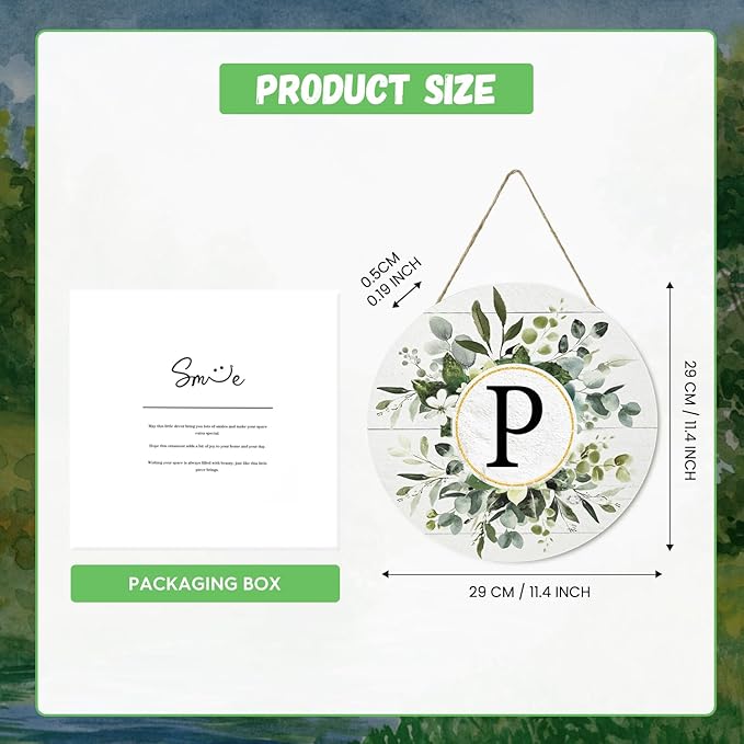 Smile Monogram Letter P Wreaths Wooden Welcome Sign, Family Last Name Initial Front Door Wall Decoration, Floral Spring Summer Porch Rustic Home Kitchen Decor
