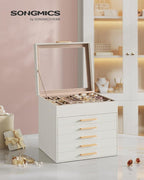 SONGMICS GISELLA Collection - Jewelry Box Organizer, 6-Layer Jewelry Storage with 5 Drawers, Shiny Metal Hardware, Glass Lid, Modern, 8 x 9.1 x 9 Inches, Cloud White and Gold Color UJBC176W01