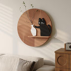 Troartos 3D Textured Round Abstract Wall Art for Living Room, Modern Brown Black and White Cat Design With Shelf, Minimalist Geometric Wall Decor for Hallway, Dining Room, Bedroom, Office, 24x24 Inch
