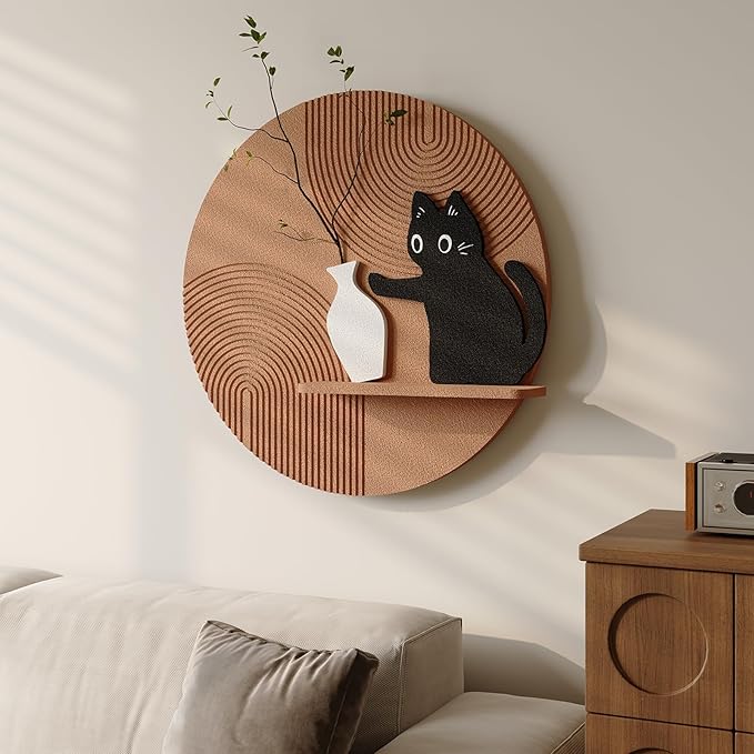 Troartos 3D Textured Round Abstract Wall Art for Living Room, Modern Brown Black and White Cat Design With Shelf, Minimalist Geometric Wall Decor for Hallway, Dining Room, Bedroom, Office, 24x24 Inch