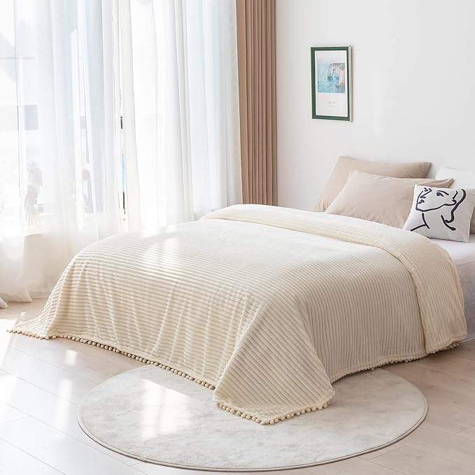 DISSA Fleece Blanket Queen Size – 90x90, Beige - Soft, Plush, Fluffy, Fuzzy, Warm, Cozy – Perfect Throw for Couch, Bed, Sofa - with Pompom Fringe - Flannel Blanket