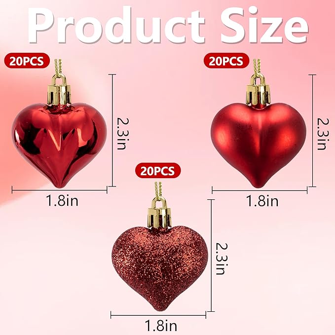 Iceyyyy 60Pcs Valentine's Day Heart Ornaments-Valentine's Mother's Day Heart Baubles Shaped Hanging Ornaments Decoration for Valentine Tree Wedding Anniversary Party
