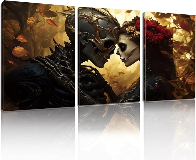 RUNBOAT Skull Pictures Wall Decor - Skull Canvas Wall Art, Skeleton Couple Poster Print, Gothic Painting Artwork, Skeleton and Roses Pictures for Living Room Bedroom (12" x 18" x 3 pcs)