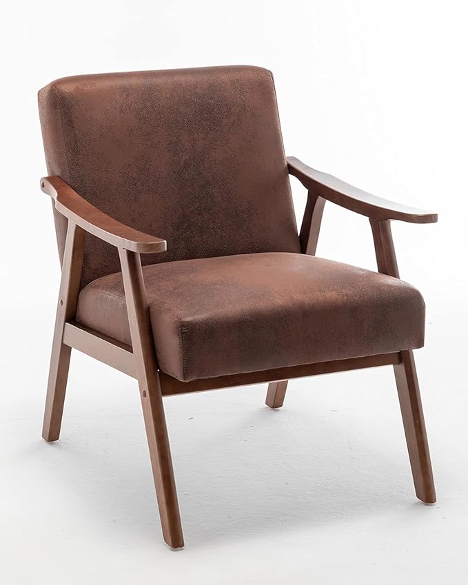 Accent Chair with Microfiber Upholstery and Solid Wood Frame, Classic Mid-Century Modern Living Room Furniture for Extra Seating, Light Brown