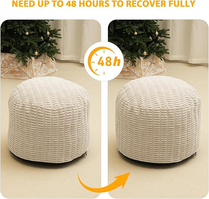 Round Stuffed Pouf Ottoman for Foot Rest, Storage Ottoman Pouf Foot Stool Cushion, Faux Fur Poufs with Foam Chunk Filling, 20 X 15 Inch Floor Chair for Living Room Bedroom Home Decor, Beige