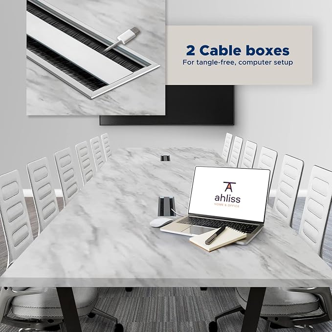 Sturdy Conference Table with Cable Management Grommets Modern Rectangle Office Meeting Table with Wood Tabletop and Metal Frame & Legs- Easy Assembly Boardroom Table (White Marble, 12 Foot)