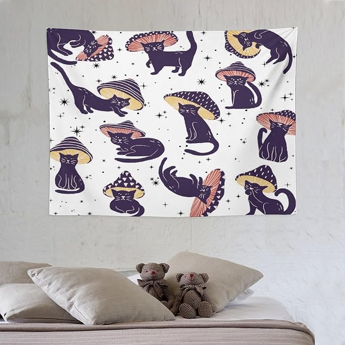 VUMIVI Funny Cat Mushroom Tapestry Retro 70s Hippie Style Cute Black Kitten Star Aesthetic Art Print Tapestry Wall Hanging for Living Room Bedroom Dorm Classroom Aesthetic Decor W40xL30in