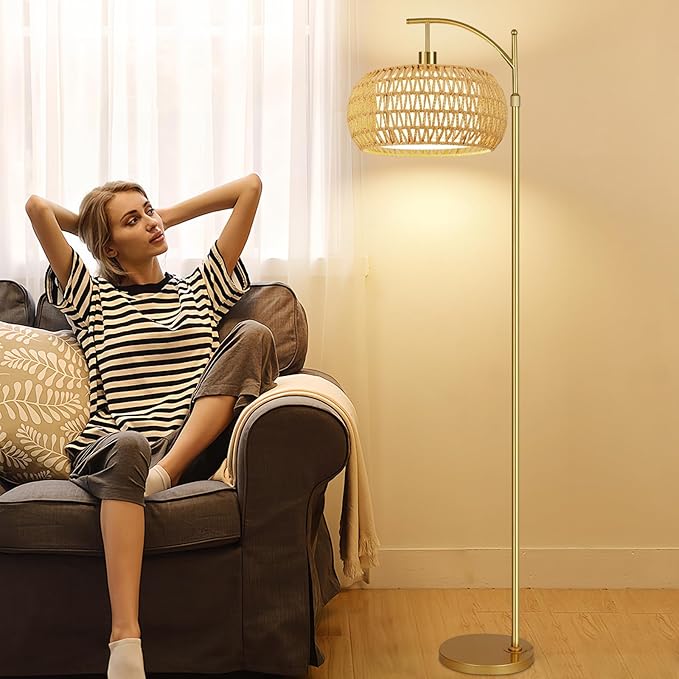 Gold Floor Lamps for Living Room Rattan Boho Floor Lamp with Remote Control & 3 Color Temperature,Dimmable Arc Floor Lamps Brass Standing Lamp Tall Floor Lamp for Bedroom Living Room Corner