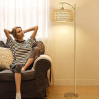 Gold Floor Lamps for Living Room Rattan Boho Floor Lamp with Remote Control & 3 Color Temperature,Dimmable Arc Floor Lamps Brass Standing Lamp Tall Floor Lamp for Bedroom Living Room Corner