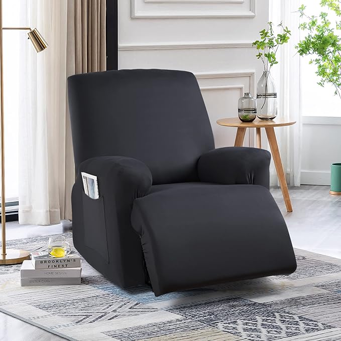 TAOCOCO Oversized Recliner Chair Covers 4-Pieces, Stretch Recliner Cover for Large Recliner Washable Reclining Chair Cover Polyester Soft Fabric Furniture Protector (Oversized Recliner, Black)
