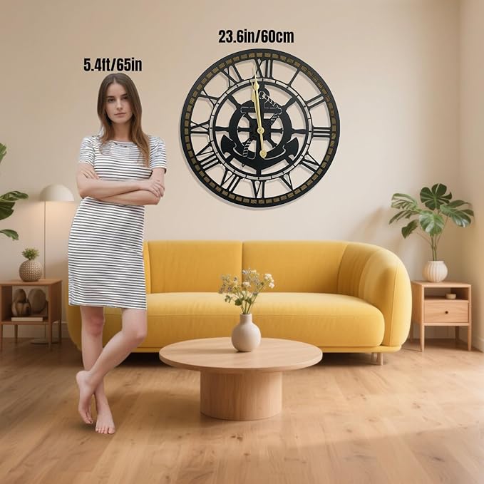 24 Inch Wall Clock, Anchor Wall Clock, Silent Non Ticking, Battery Operated Large Decor Clocks for Living Room Decor, Kitchen, Office (Nautical Style)