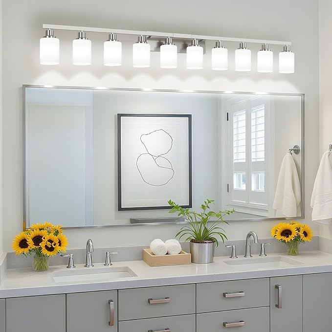 10-Light Bathroom Vanity Light Brushed Nickel,64.5in Vanity Lights with White Frosted Glass,Modern Bathroom Wall Lights Fixtures Over Mirror,Wall Sconces Lighting for Bedroom Living Room,E26