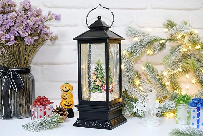 Eldnacele 12" Christmas Musical Snow Globe Lantern USB Lined Batteries Operated Water Glittering Lighted Lantern Santa Claus with 6H Timer Centerpiece (Santa Sleigh)