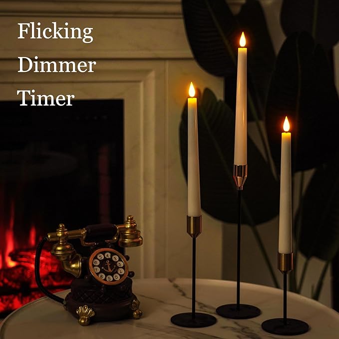 Homemory 2 Pcs Waxy Flameless Taper Candles with Remote, Led Flameless Candlesticks Classic Tall Candle, Flickering Battery Operated Taper Candles for Bedroom, Dining Room, White, 9.6 inches