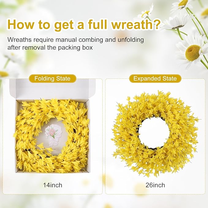 26 Inch Spring Wreaths for Front Door Large Forsythia Floral Summer Door Wreath Outdoor All Season Wild Wreath for Easter Valentines Home Living Room Porch Yard Window Farmhouse Decor (Yellow)