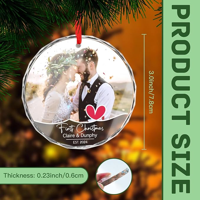 Personalized First Christmas Married Ornament 2024 Photo Text Custom Christmas Ornaments Crystal 2024 Customized Weddings Gifts for Couples Family Friends Xmas Decor