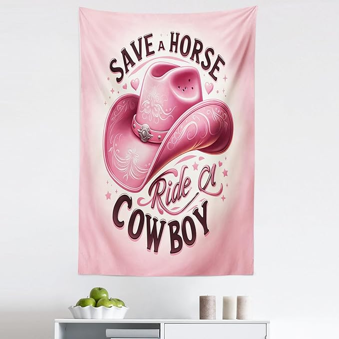 Ambesonne Funny Tapestry, Humorous Feminine Design with Hat and Save a Horse Ride a Cowboy Lettering, Fabric Wall Hanging Decor for Bedroom Living Room Dorm, 30" X 45", Pink and Seal Brown