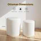 Round Storage Ottoman Set of 2 with Reversible Tray Lid—Multi-Functional Boucle Footrest, Vanity Stool, Sturdy Coffee Table for Living Room, Bedroom, Entryway (White)