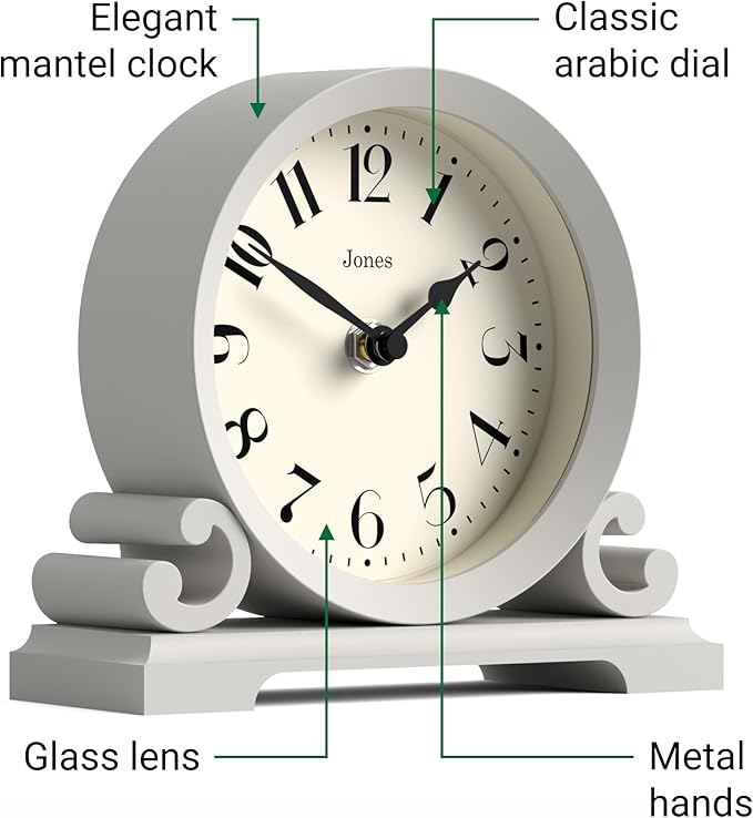 JONES CLOCKS® Saloon Mantel Clock | Traditional Double Scroll Design | Gray | Contemporary Classic Style for Desk, Table, Shelf or Bedside