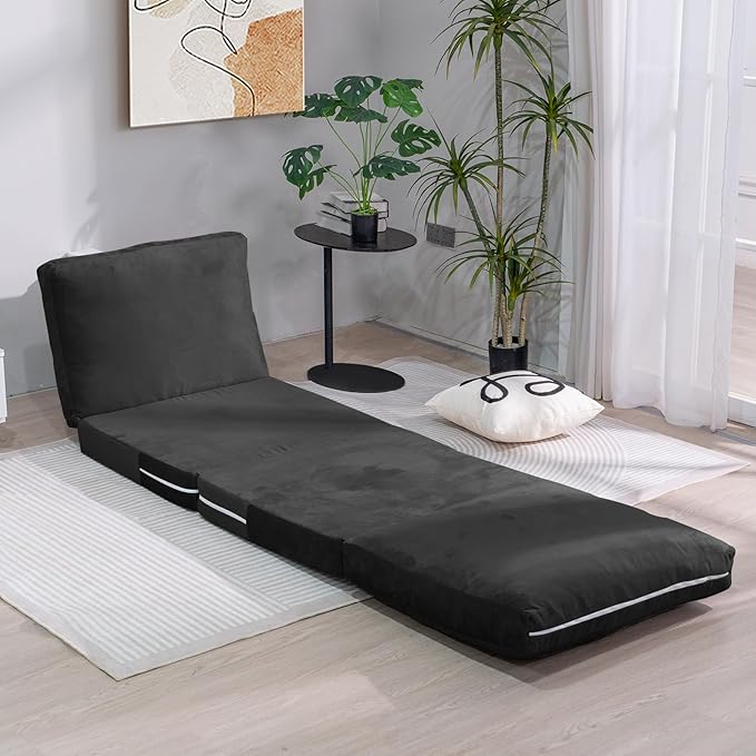 Bean Bag Chairs for Adults,Folding Sofa Bed,Floor Couch Bed, Foam Filling Fold Floor Mattress with Washable Soft Faux Fur Cover, Leisure Floor Couch for Bedroom Living Room(Black,Single)