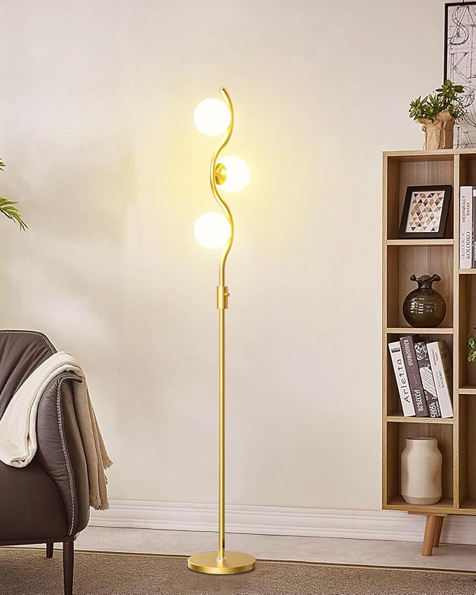Lightdot 60IN Gold Floor Lamp Stepless Dimmable Globe Floor Lamps with 3Pcs 3000K Bulbs Included Eye-Friendly Mid Century Standing Lamps for Living Room/Bedroom/Sofa Beside/Corner Decor