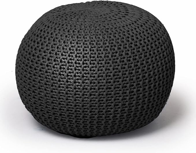 Urban Lifestyle Round Knit Pouf - Hand Woven Cotton, Black