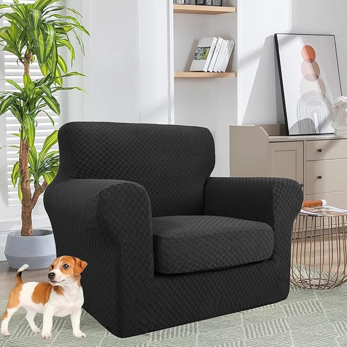 YEMYHOM Latest Checkered 2 Pieces Chair Covers for Living Room High Stretch Thickened Chair Slipcovers with Arms Anti Slip Elastic Armchair Sofa Couch Slipcover Protector (Black), 31"-46"(1 Cushion)