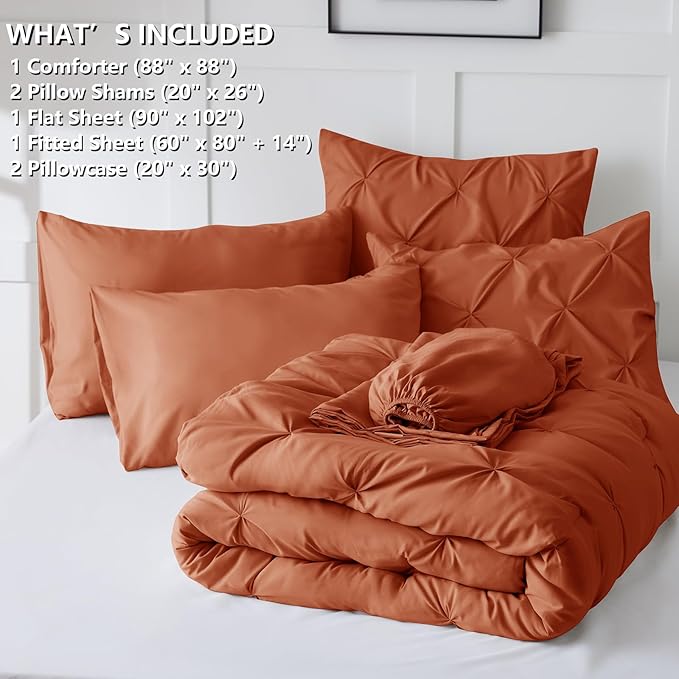 CozyLux Queen Comforter Set Burnt Orange, 7 Pieces Pintuck Bed in A Bag Premium Terracotta Comforter Queen Size, Pinch Pleat Bedding Sets with Comforter, Sheets, Pillowcases & Shams