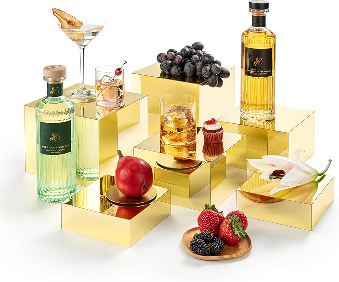 Red Co. Set of 3 Glossy Gold Acrylic Cube Display Nesting Risers with Hollow Bottoms - 2 Pack