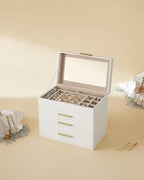 SONGMICS GISELLA Collection - Jewelry Box Organizer, 4-Layer Jewelry Storage with 3 Drawers, Shiny Metal Hardware, Glass Lid, Modern, 6 x 9.9 x 8.5 Inches, Cloud White and Gold Color UJBC161W01