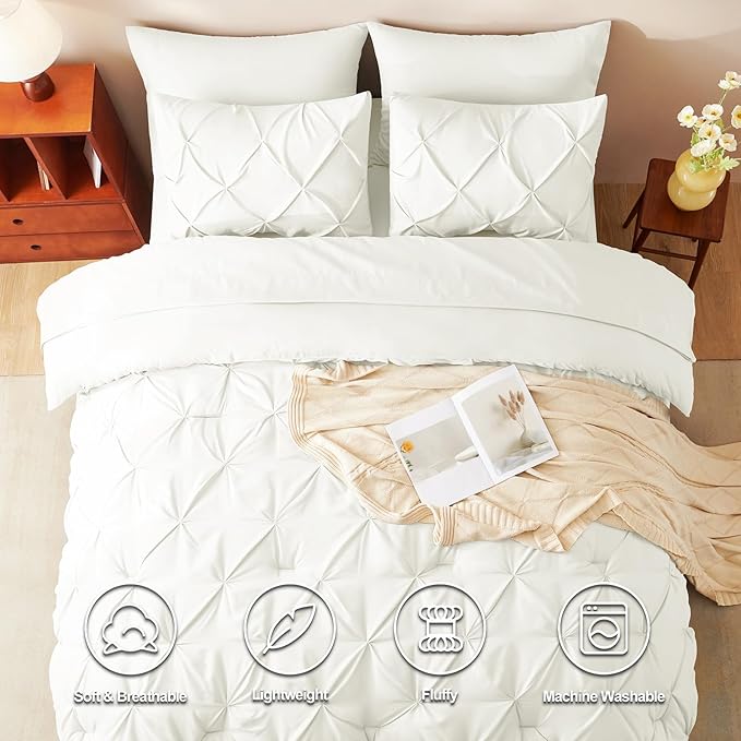 CozyLux Queen Comforter Set Ivory, 7 Pieces Pintuck Bed in A Bag, Premium Ivory Comforter Queen Size, Pinch Pleat Bedding Sets with Comforter, Sheets, Pillowcases & Shams