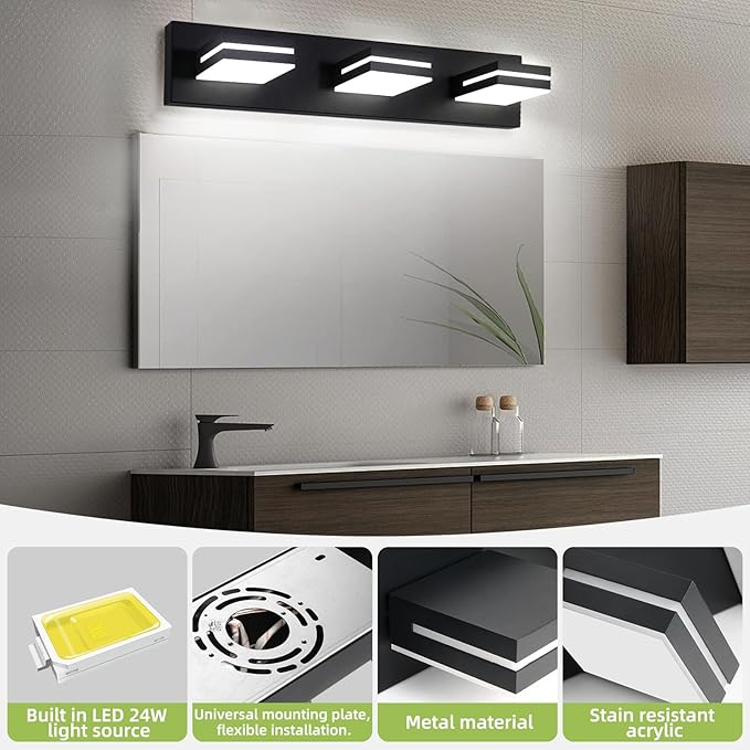 OKELI Bathroom Light Fixtures Black Modern 3-Lights Vanity Light Over Mirror LED Dimmable 350° Adjustable Lamp Head 24W 6000K Cool White ETL Listed 24 Inch