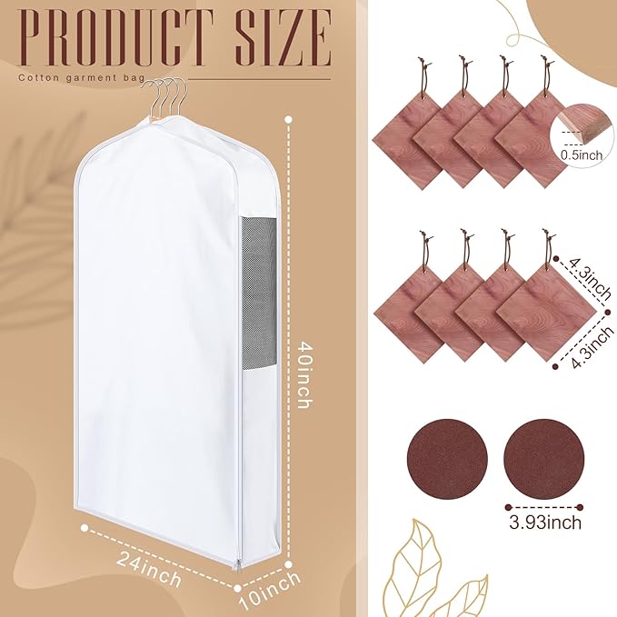 2 Set 40in Short Cotton Garment Bags, 10in Wide Gusset Hanging Storage Clothes with 8 Cedar Blocks, Transparent Mesh Window, Breathable Closet Bags for Fur Coat Suit Sweater Dress, White