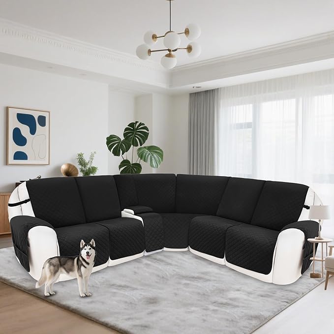 Reclining Sectional Couch Covers 100% Waterproof Velvet L Shape Recliner Couch Covers for Sofa Pets Washable Anti Slip Recliner Slipcovers with Pockets (5 Seat Sofa with 1 Console, Black)